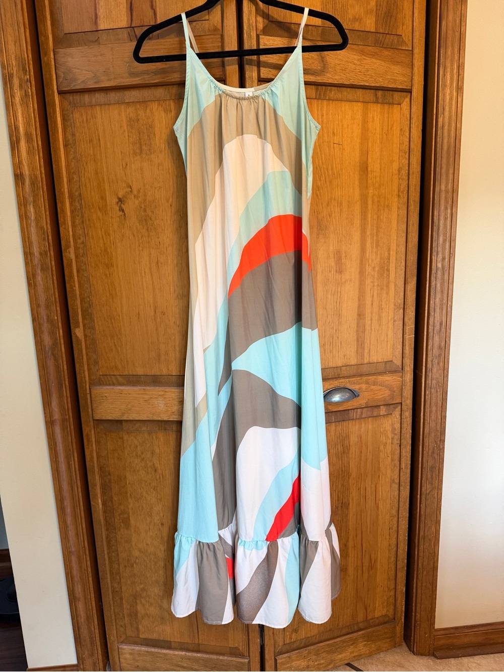 Strappy Abstract Print Maxi Dress in Aqua and Orange, Size S